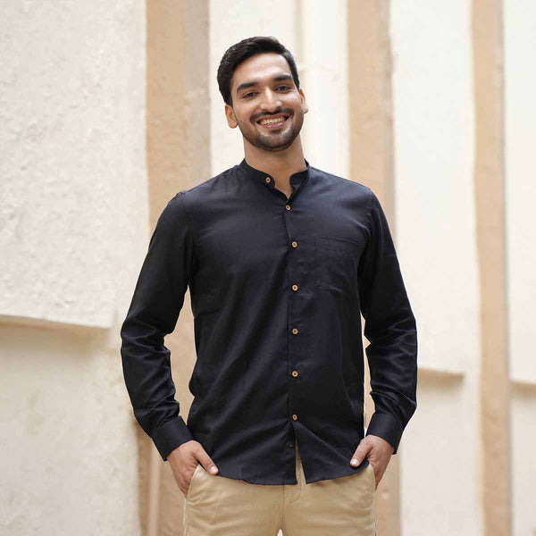 TENCEL Lyocell Linen Shirt | Mandarin Collar | Black