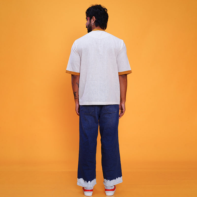 Quarter Sleeves T-Shirt for Men | Kala Cotton | Off-White & Yellow Collar