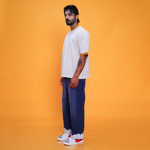 Quarter Sleeves T-Shirt for Men | Kala Cotton | Off-White & Yellow Collar