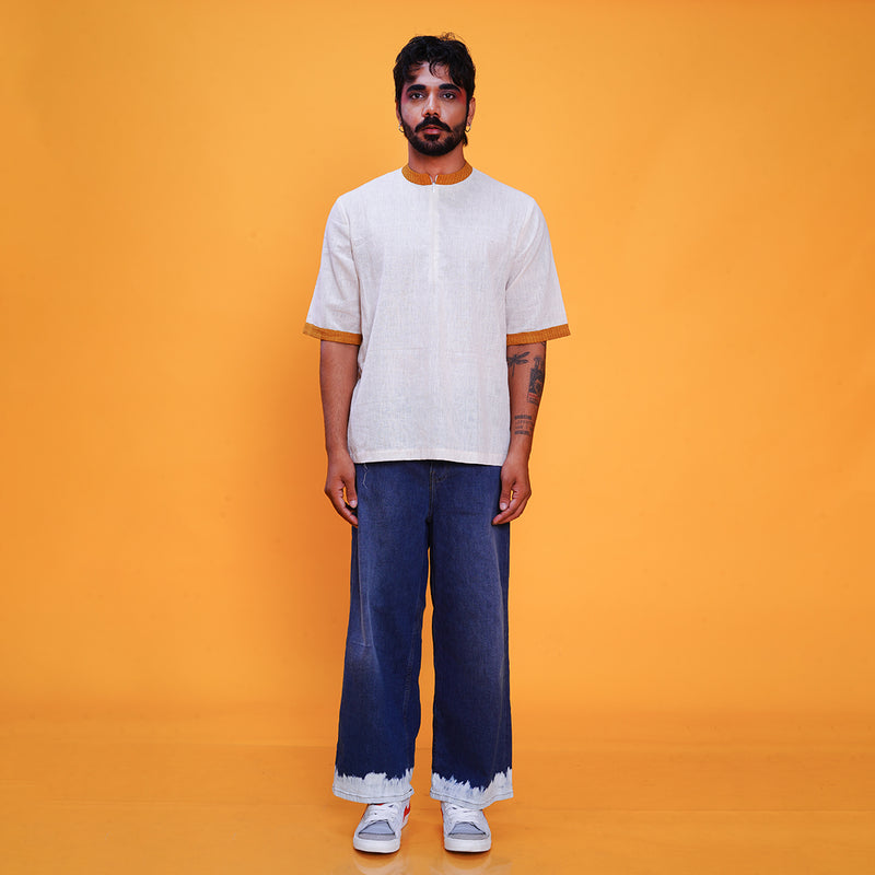 Quarter Sleeves T-Shirt for Men | Kala Cotton | Off-White & Yellow Collar