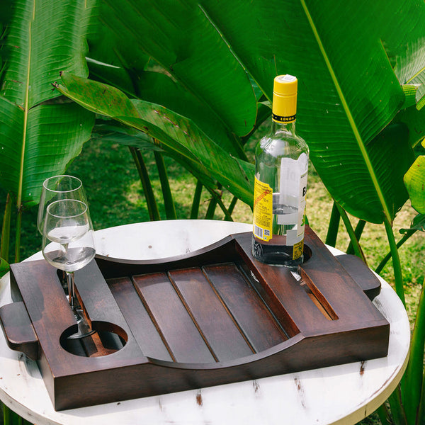 Wooden Striped Tray with Wine Bottle Holders | Aakar Dhaari | Brown