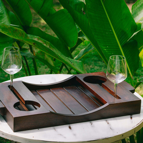 Wooden Striped Tray with Wine Bottle Holders | Aakar Dhaari | Brown