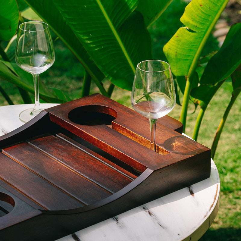 Wooden Striped Tray with Wine Bottle Holders | Aakar Dhaari | Brown