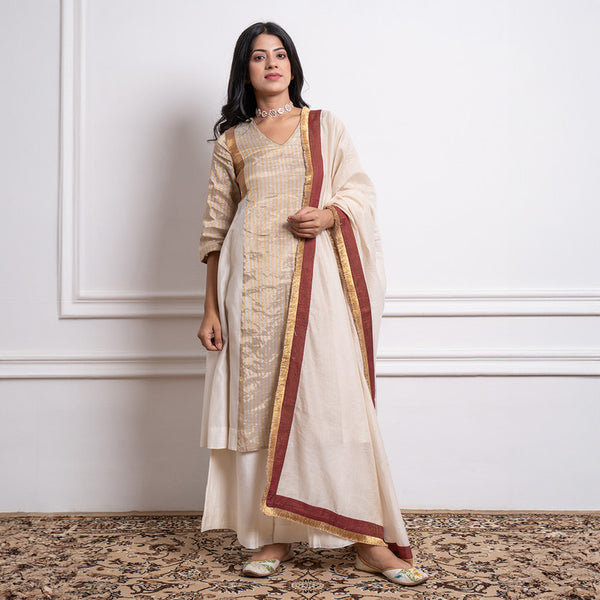 Chanderi Silk Kurta Set For Women | Kurta, Palazzo & Dupatta | Off White