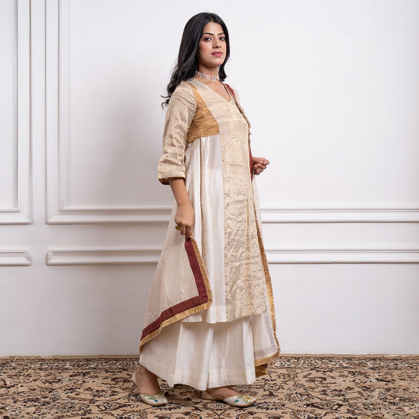 Chanderi Silk Kurta Set For Women | Kurta, Palazzo & Dupatta | Off White