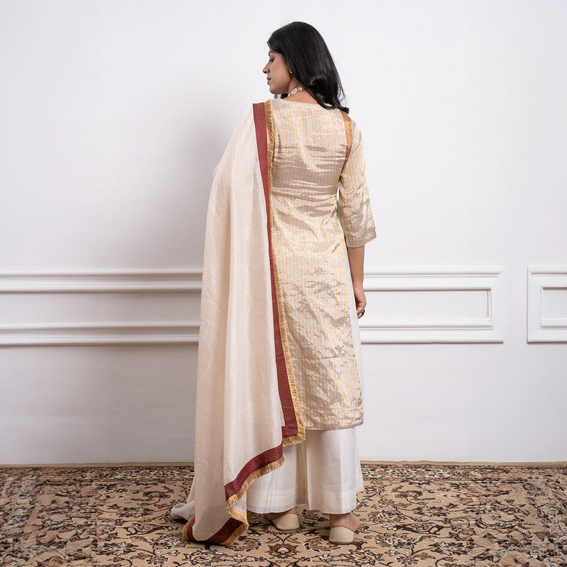 Chanderi Silk Kurta Set For Women | Kurta, Palazzo & Dupatta | Off White