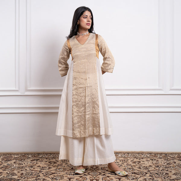 Chanderi Silk Kurta Set For Women | Kurta, Palazzo & Dupatta | Off White