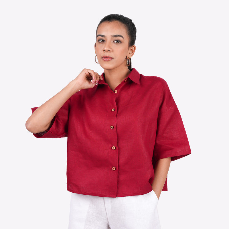 Linen Shirt for Women | Red | Half Sleeves | Drop Shoulder