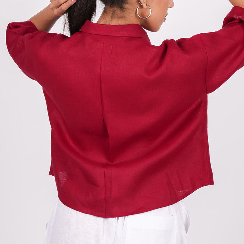 Linen Shirt for Women | Red | Half Sleeves | Drop Shoulder