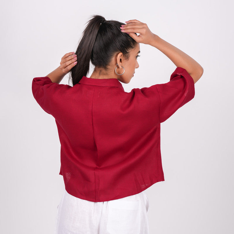 Linen Shirt for Women | Red | Half Sleeves | Drop Shoulder