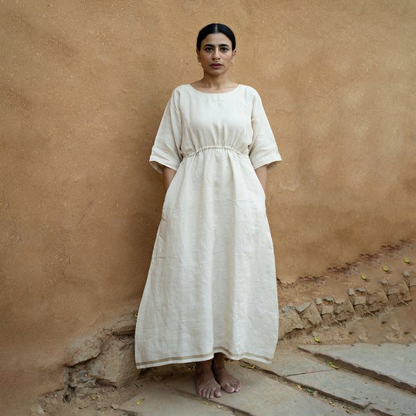 Linen Midi Dress | Drawstring Waist | Beige