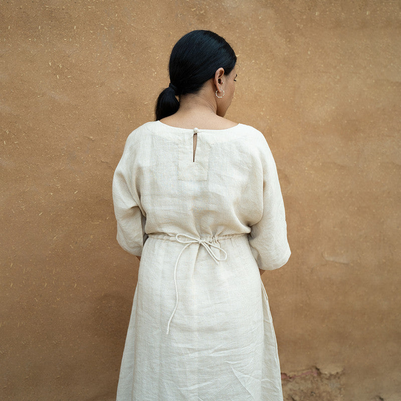 Linen Midi Dress | Drawstring Waist | Beige