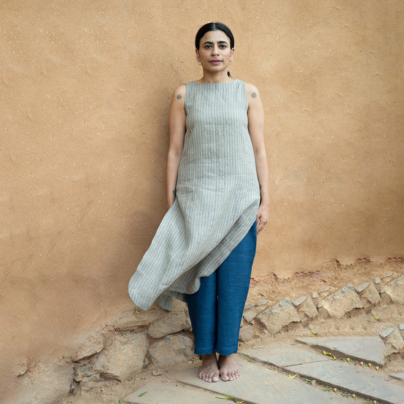 Women Linen Kurta Set | Striped | Grey & Indigo