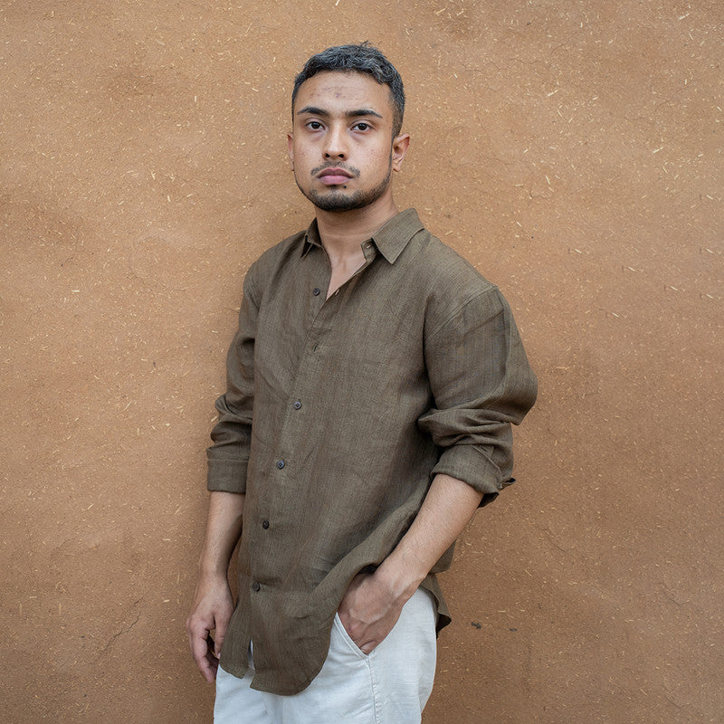 Men Linen Shirt | Full Sleeves | Brown