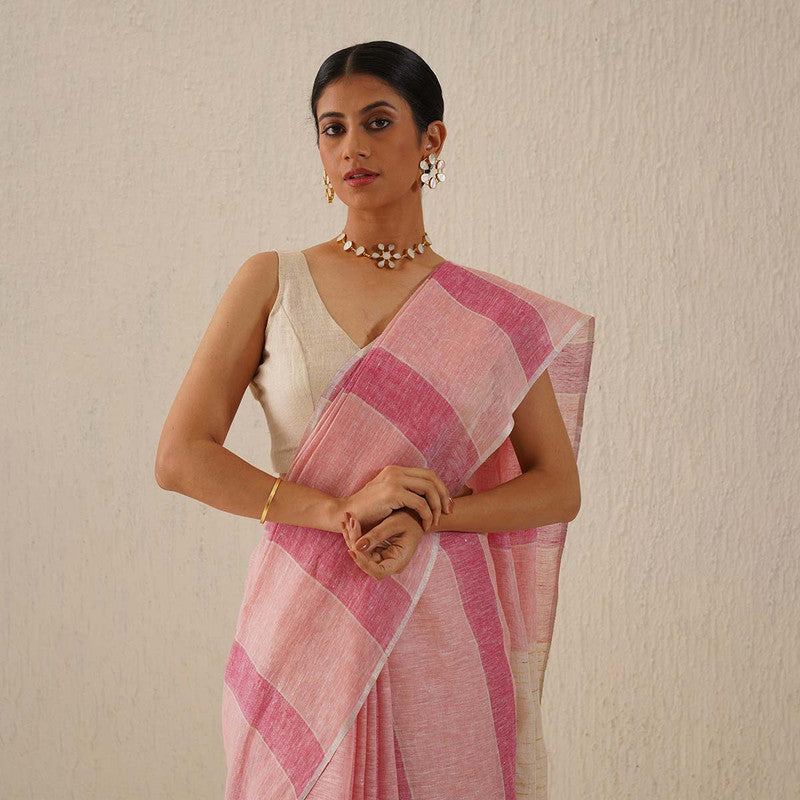 Handloom Linen Saree | Striped | Pink