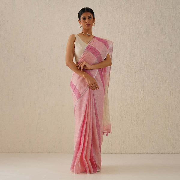 Handloom Linen Saree | Striped | Pink