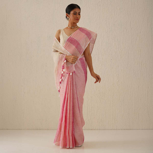 Handloom Linen Saree | Striped | Pink