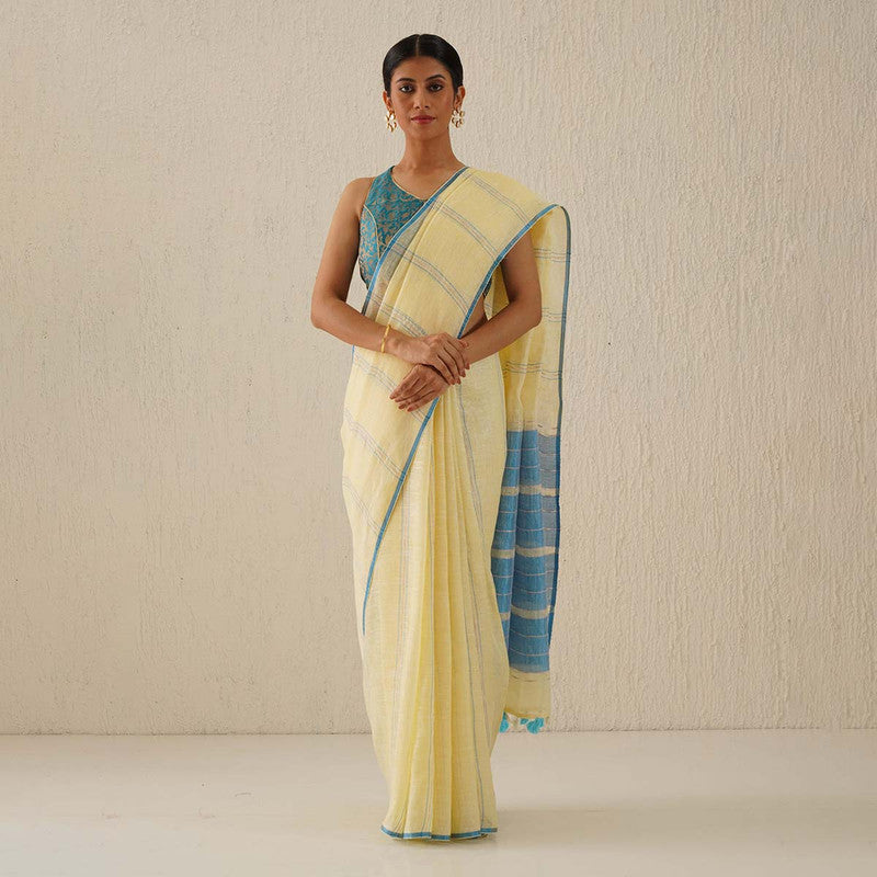 Pure Linen Saree | Pastel Yellow & Blue Striped