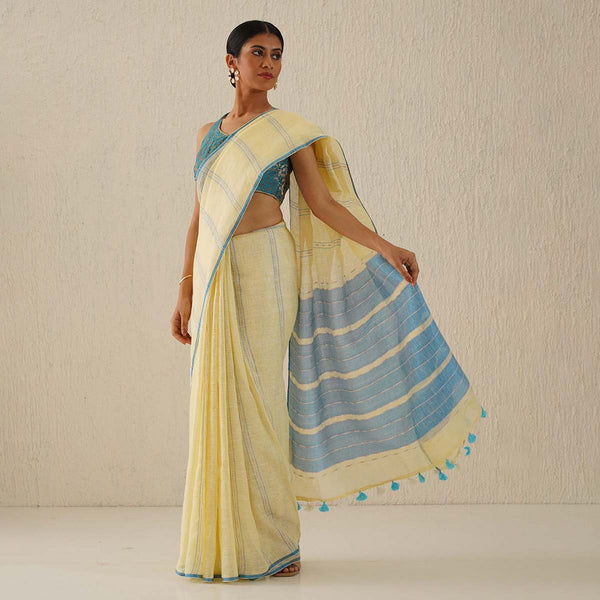 Pure Linen Saree | Pastel Yellow & Blue Striped