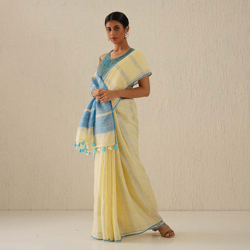 Pure Linen Saree | Pastel Yellow & Blue Striped