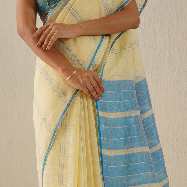 Pure Linen Saree | Pastel Yellow & Blue Striped