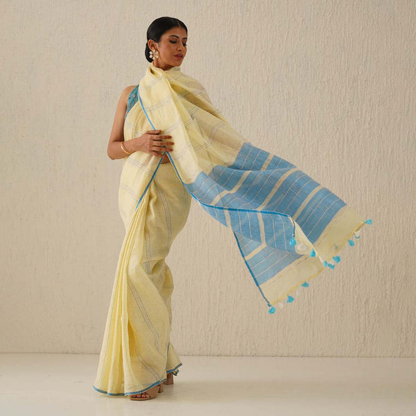 Pure Linen Saree | Pastel Yellow & Blue Striped