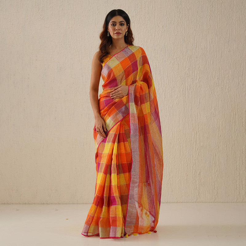 Mustard & Pink Linen Saree | Checkered