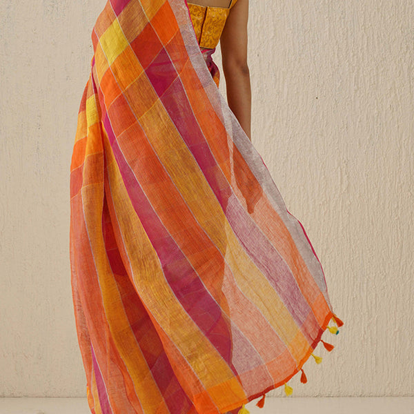 Mustard & Pink Linen Saree | Checkered