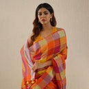 Mustard & Pink Linen Saree | Checkered