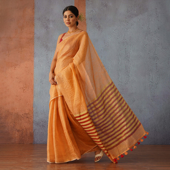 Peach Linen Saree | Red Striped Pallu