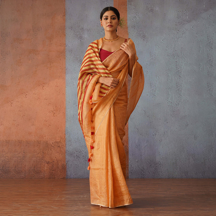 Peach Linen Saree | Red Striped Pallu