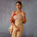 Beige Linen Saree | Red & Gold Striped Pallu