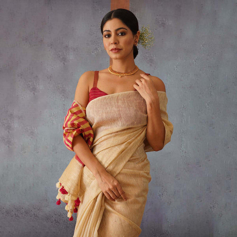 Beige Linen Saree | Red & Gold Striped Pallu