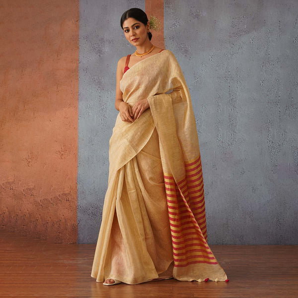 Beige Linen Saree | Red & Gold Striped Pallu