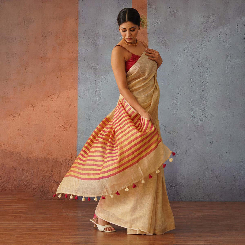 Beige Linen Saree | Red & Gold Striped Pallu