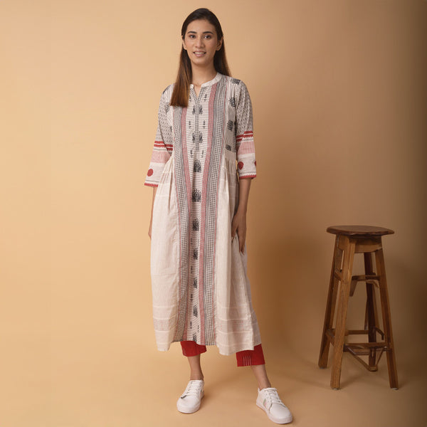 Cotton A-Line Kurta for Women | Embroidered | White & Grey