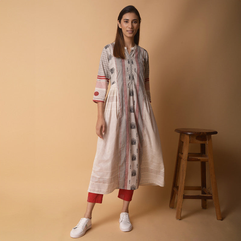 Cotton A-Line Kurta for Women | Embroidered | White & Grey