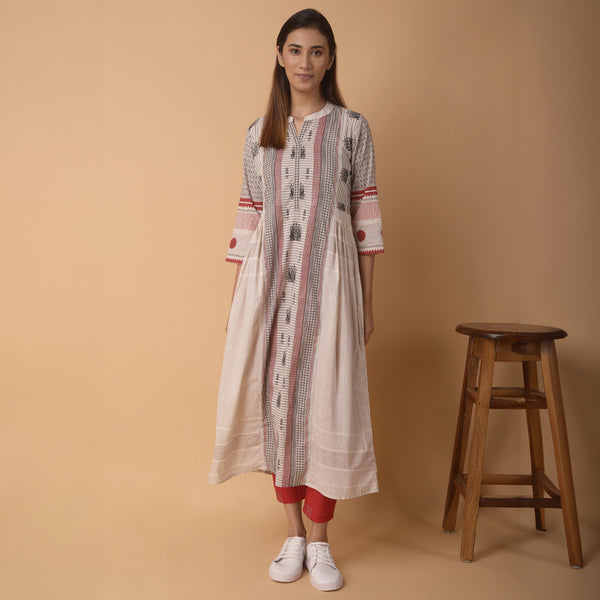 Cotton A-Line Kurta for Women | Embroidered | White & Grey