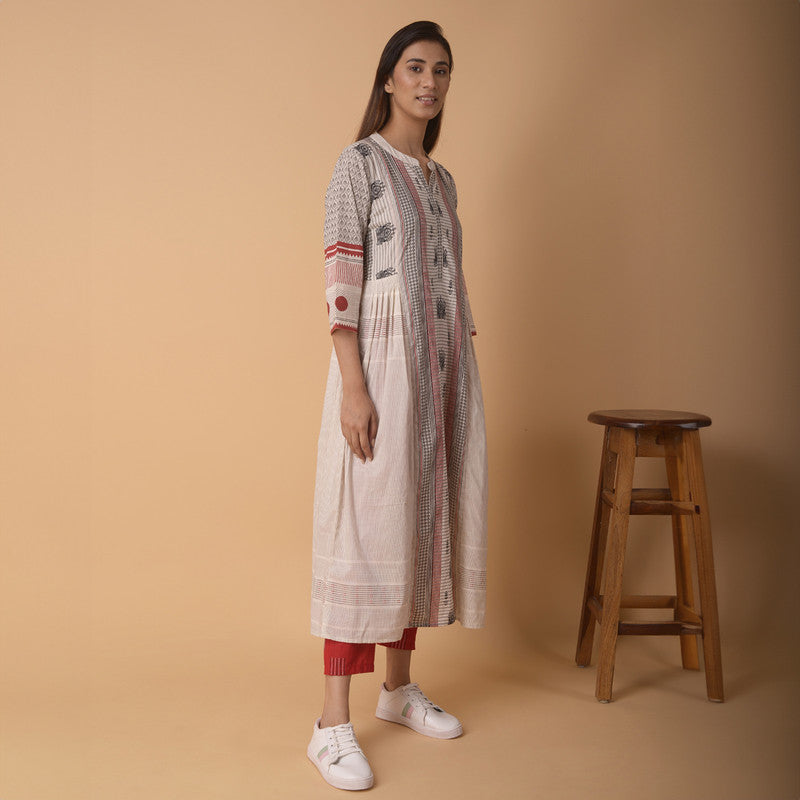 Cotton A-Line Kurta for Women | Embroidered | White & Grey