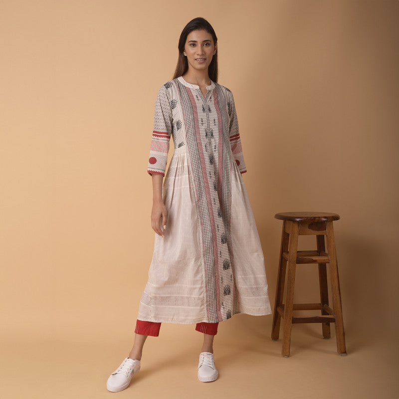 Cotton A-Line Kurta for Women | Embroidered | White & Grey