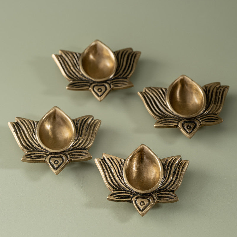 Brass Diya | Pushp Lotus Shaped | Golden | Set of 4