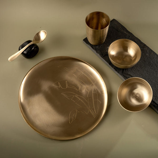 Brass Dinner Set | Manjari Leaf Motif | Plate, Bowls, Spoon, Glass | Set of 5