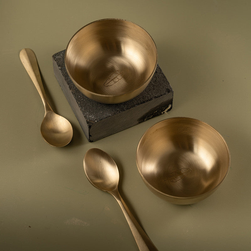 Brass Bowl & Spoon Set | Manjari Leaf Motif | Set of 4