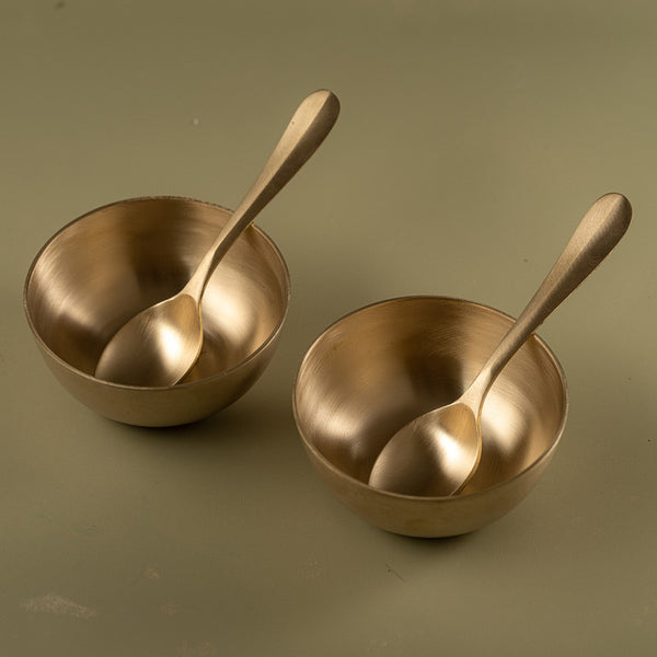 Brass Bowl & Spoon Set | Manjari Leaf Motif | Set of 4