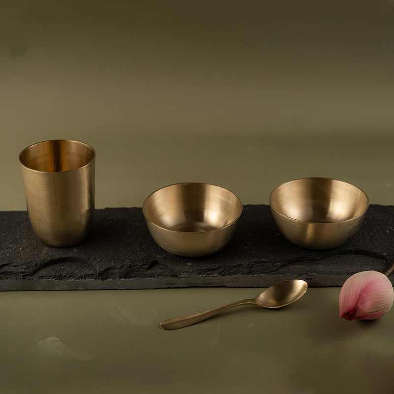 Brass Dinner Set | Plate, Bowls, Spoon & Glass | Sahej | Set of 5