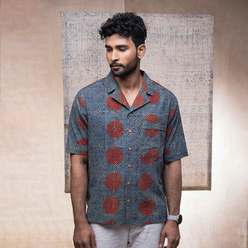 Cotton Ajrakh Handprinted Shirt for Men | Indigo & Maroon | Half Sleeves