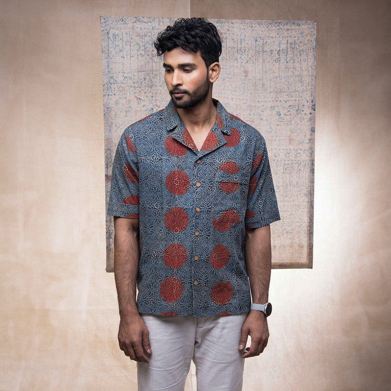 Cotton Ajrakh Handprinted Shirt for Men | Indigo & Maroon | Half Sleeves