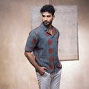 Cotton Ajrakh Handprinted Shirt for Men | Indigo & Maroon | Half Sleeves