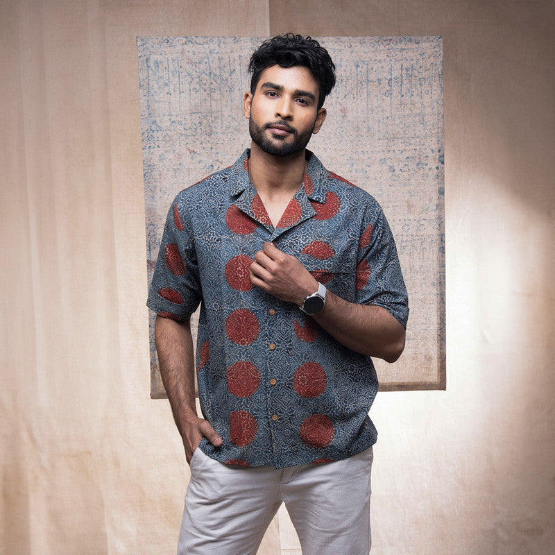 Cotton Ajrakh Handprinted Shirt for Men | Indigo & Maroon | Half Sleeves