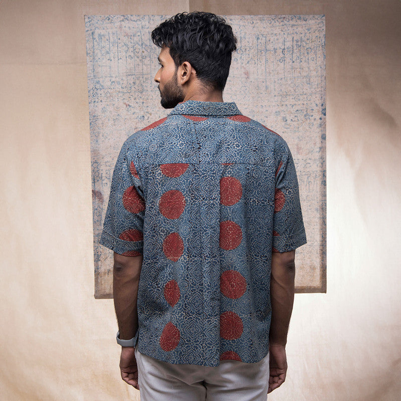 Cotton Ajrakh Handprinted Shirt for Men | Indigo & Maroon | Half Sleeves